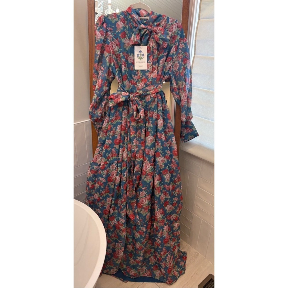 Sue Sartor Elysee Gown Blue Garden Rose Chiffon Maxi Dress XL NWT - Picture 4 of 8